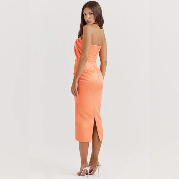 HOUSE OF CB ALORA TANGERINE STRAPLESS CORSET MIDI DRESS, Size Small,$255 - Picture 11 of 15